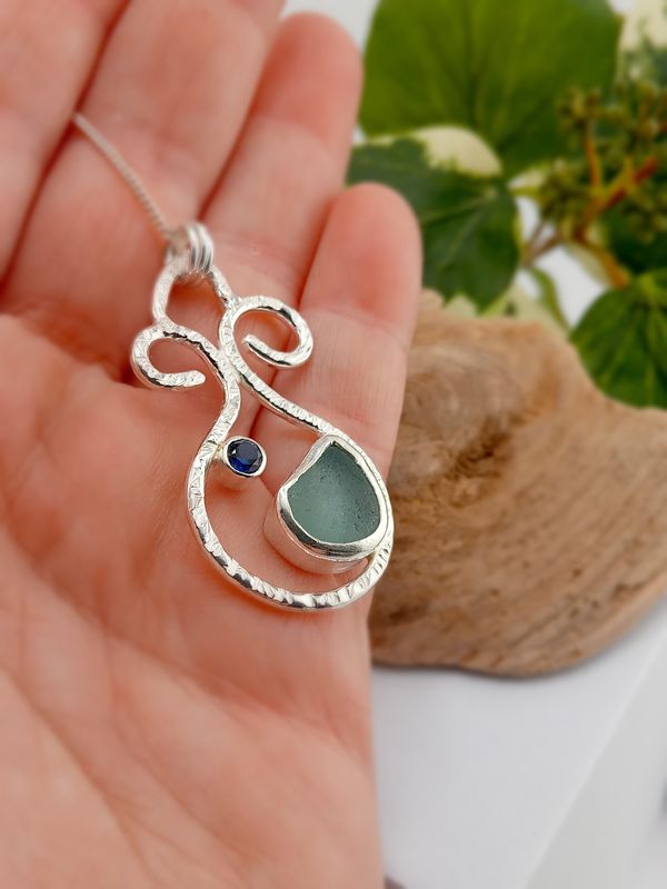 Scottish Sea Glass and Gem Stone Necklace - Hallmarked - Seafoam