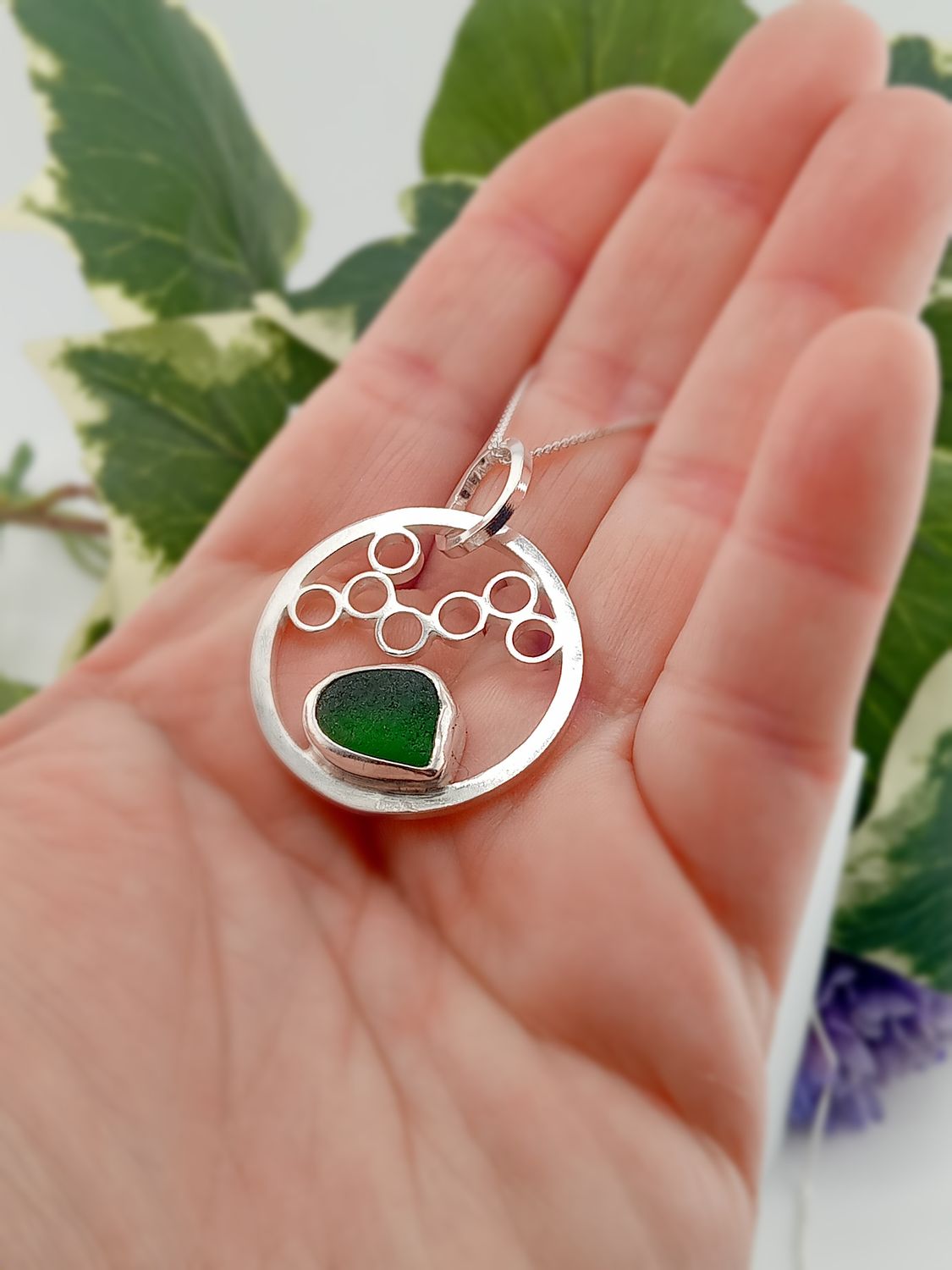 Scottish Sea Glass Bubble Effect Necklace - Hallmarked - Green