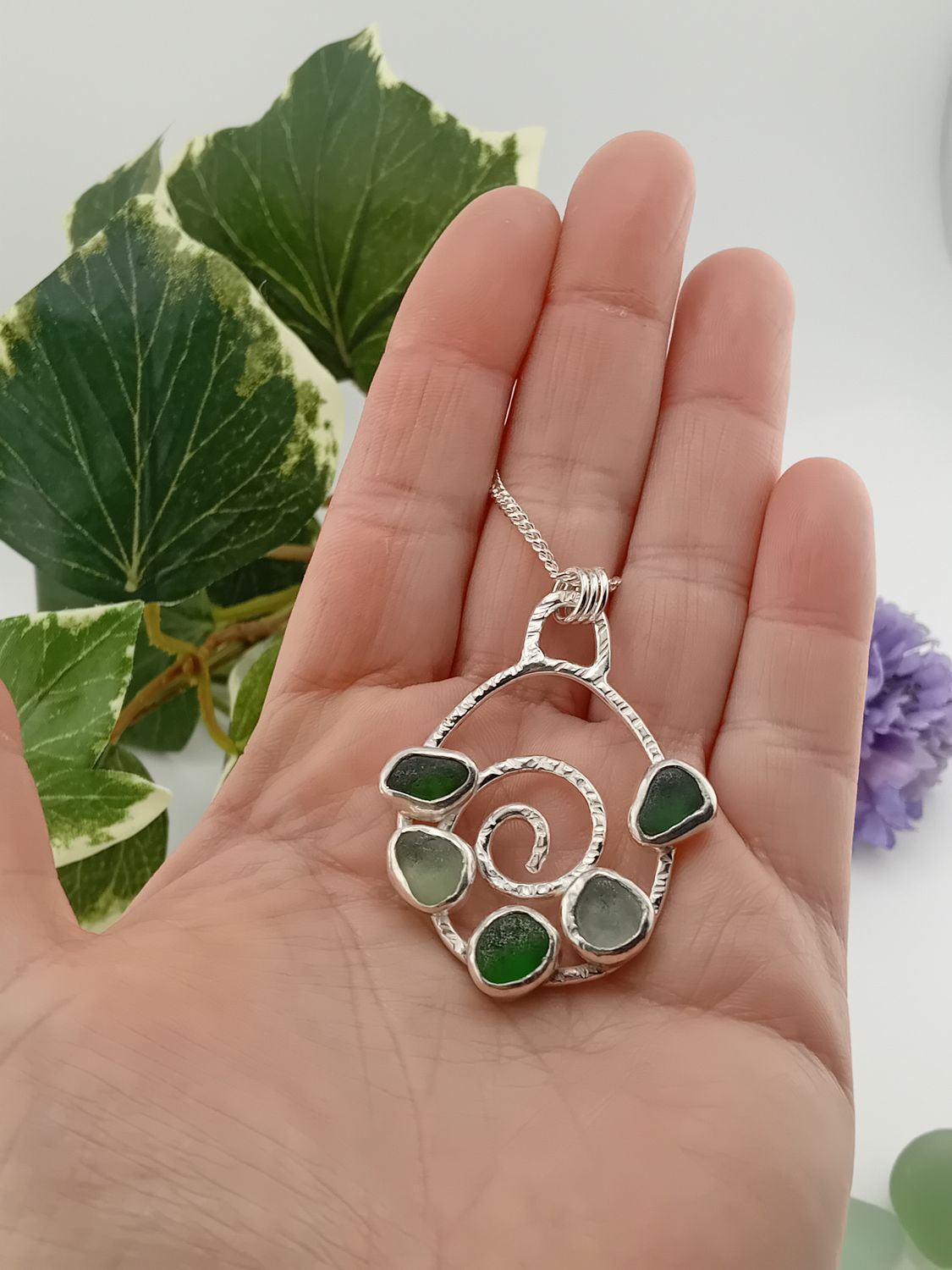 Large Sterling Silver Swirl Sea Glass Statement Pendant - Greens