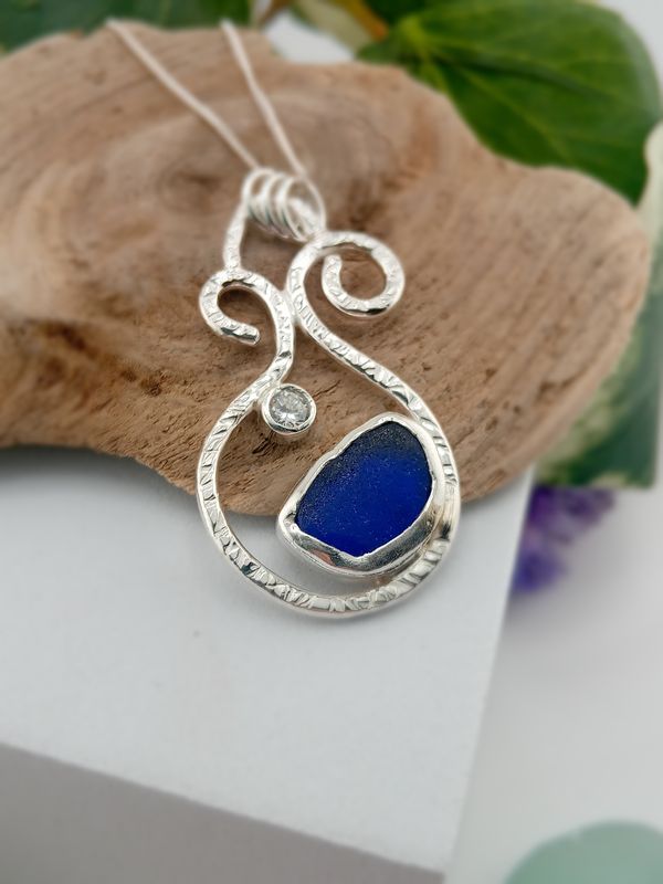 Scottish Sea Glass and Gem Stone Necklace - Hallmarked - Blue