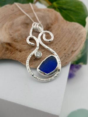 Scottish Sea Glass and Gem Stone Necklace - Hallmarked - Blue