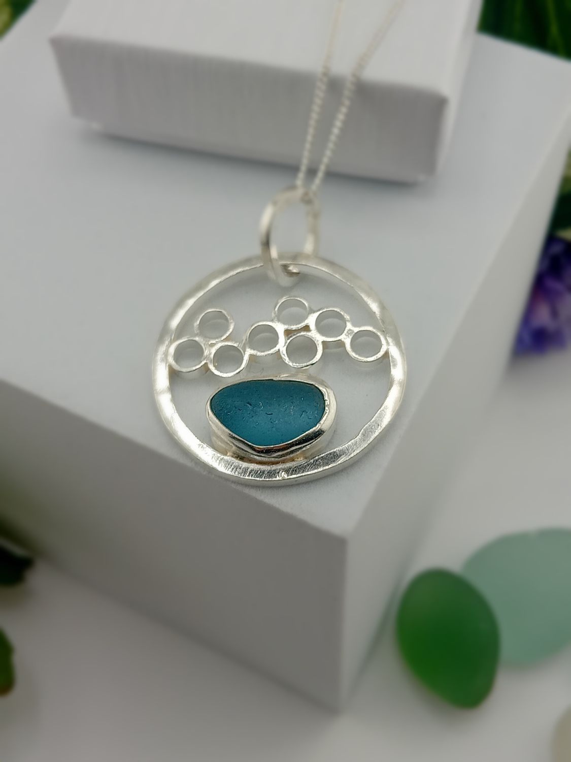 Scottish Sea Glass Bubble Effect Necklace - Hallmarked - Blue
