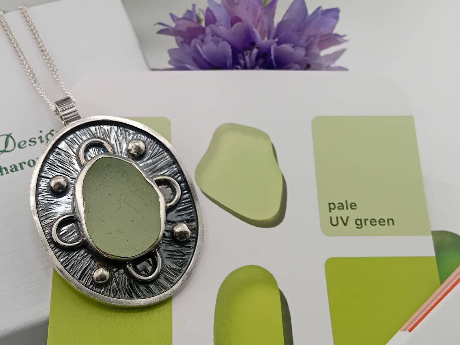 Very Chunky Scottish Sea Glass Textured Pendant - Hallmarked - UV Green