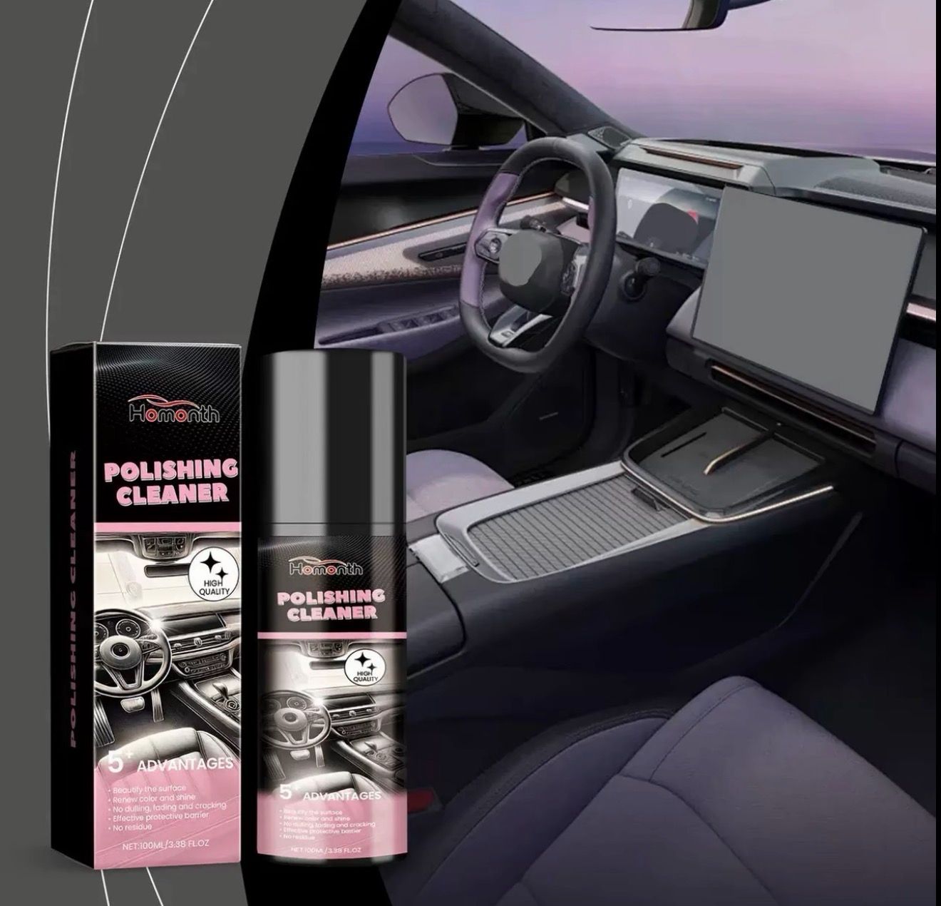 Car interior cleaning and polishing agent, dashboard plastic and leather restoration
