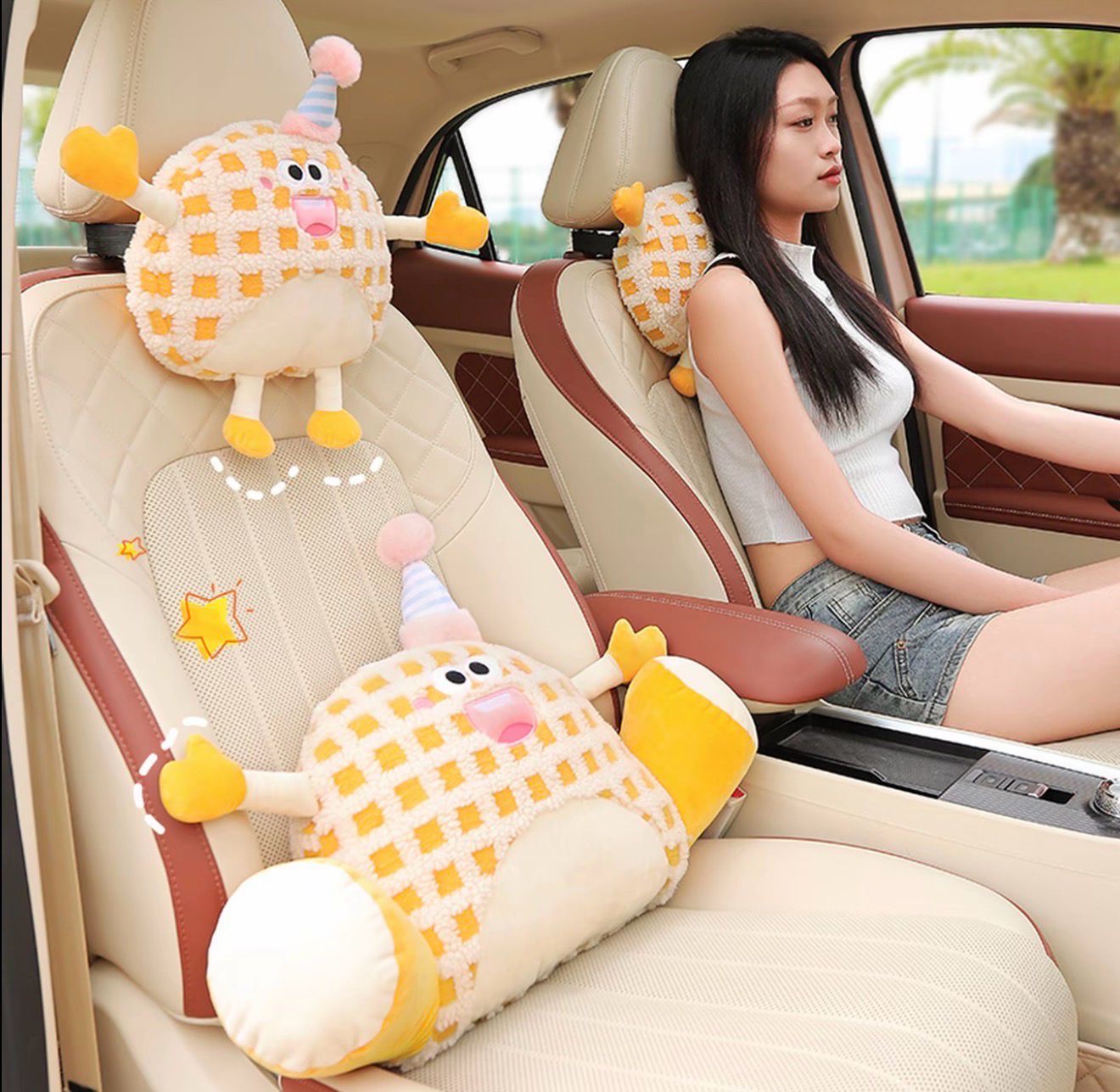 Car Cute Pillow 2 pcs Teddy Bear Monster Yellow Hug (Headrest + Lumbar Support) For All Cars