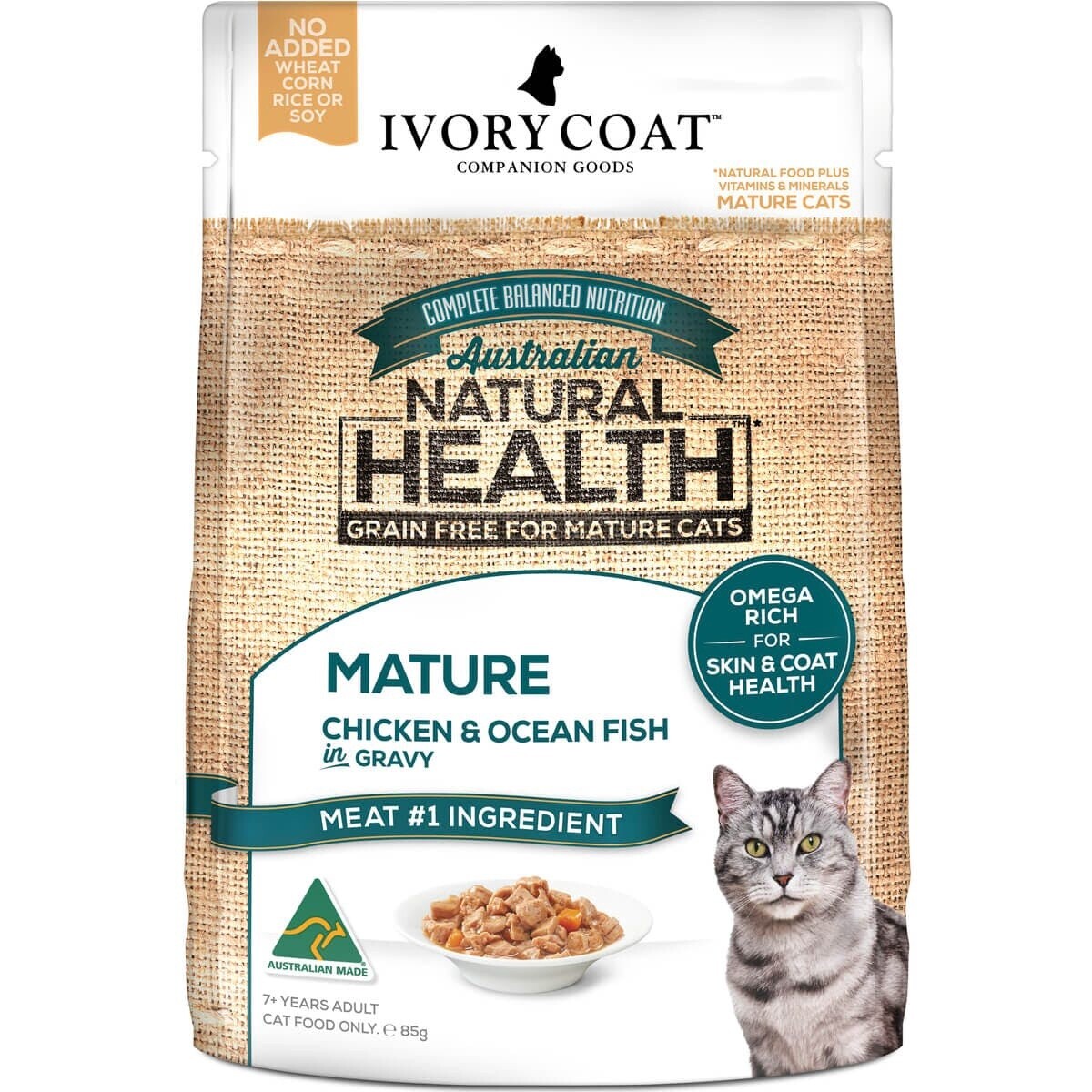 IVORY COAT MATURE CHICKEN &amp; OCEAN FISH GRAVY 85G BOX OF 12