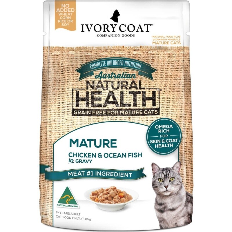 IVORY COAT MATURE CHICKEN &amp; OCEAN FISH GRAVY 85G BOX OF 12