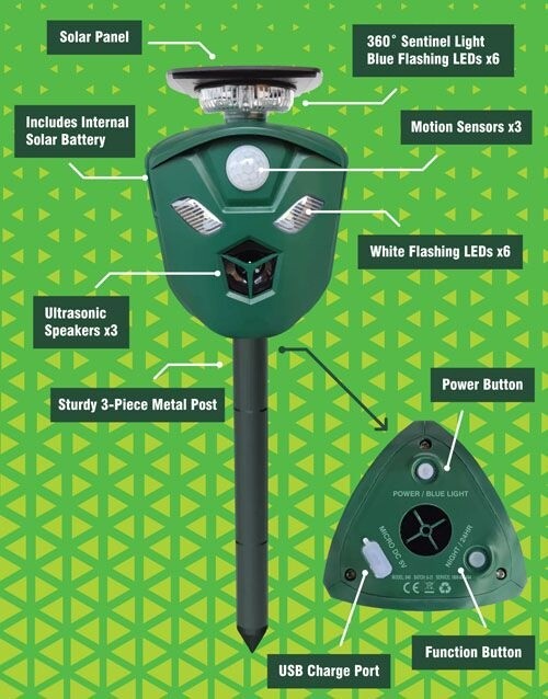 SCARECROW MOTION ACTIVATED ULTRASONIC REPELLENT - SOLAR POWERED.