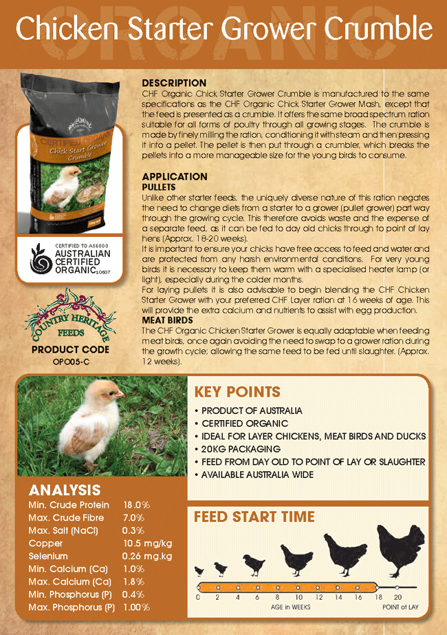 CERTIFIED ORGANIC CHICK STARTER/GROWER CRUMBLE 20KG