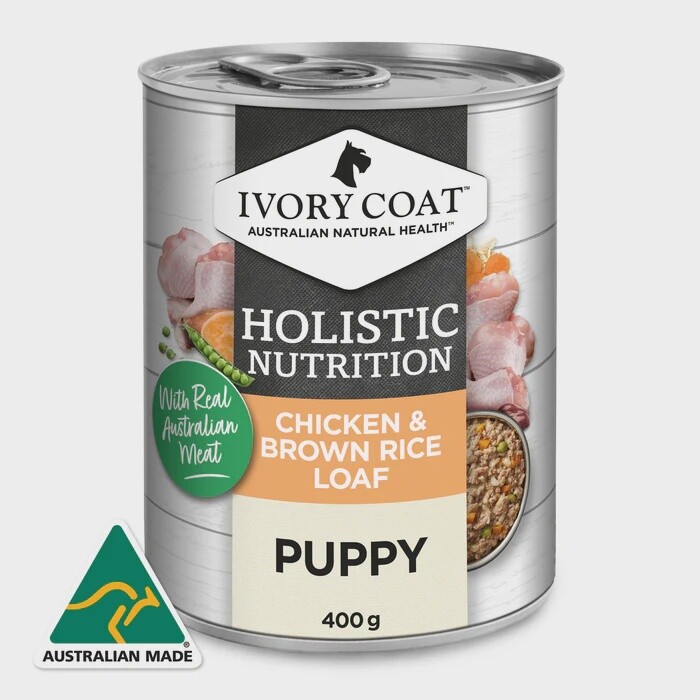 IVORY COAT WHOLEGRAIN PUPPY CHICKEN &amp; BROWN RICE 400G SLAB OF 12