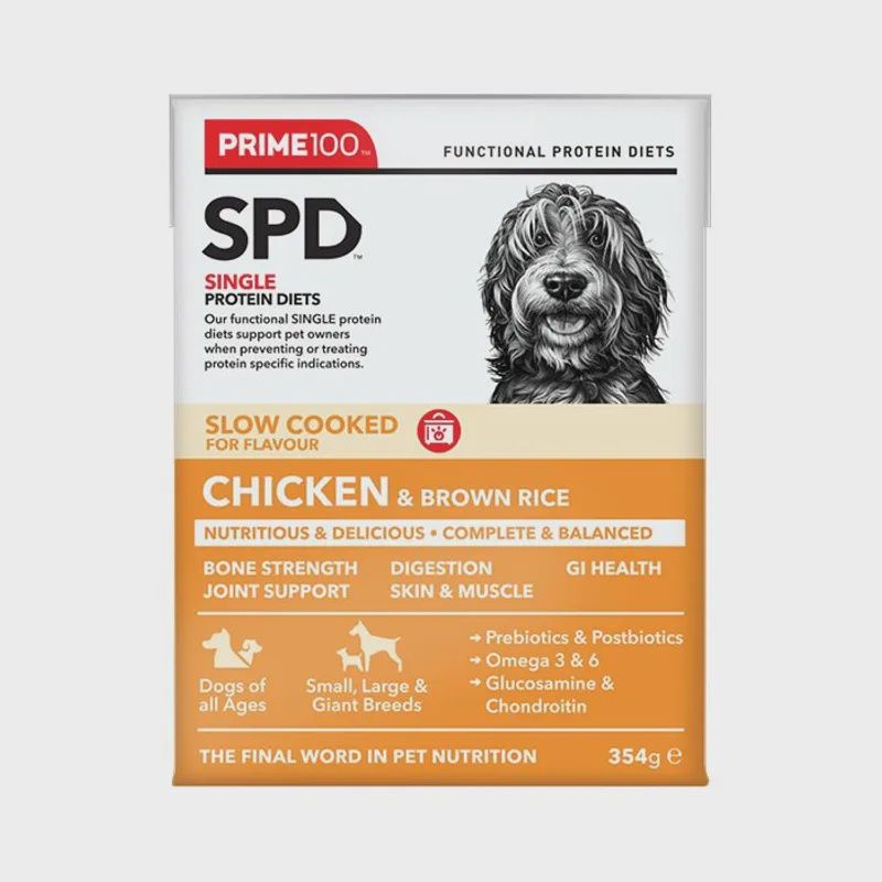 PRIME100 SPD SLOW CLOOKED CHICKEN &amp; BROWN RICE WET DOG FOOD 354G