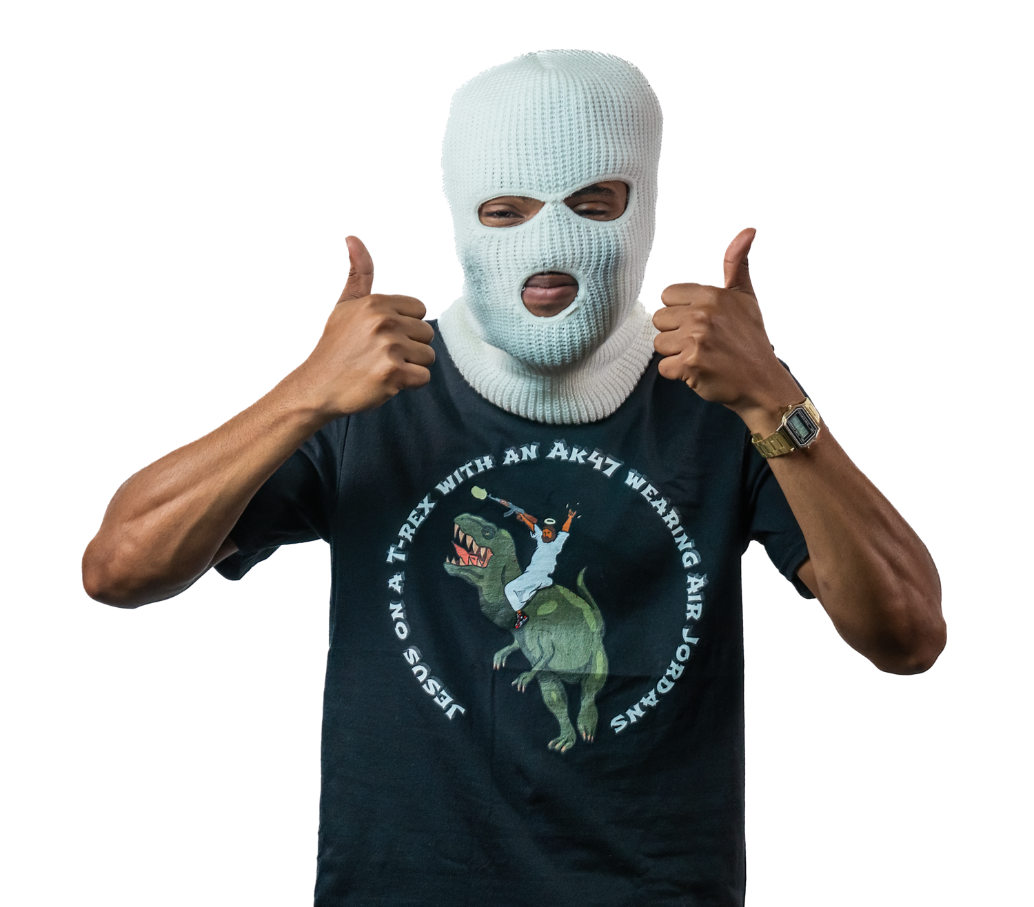 Jesus on a T-rex with an Ak47 wearing Air Jordans unisex T