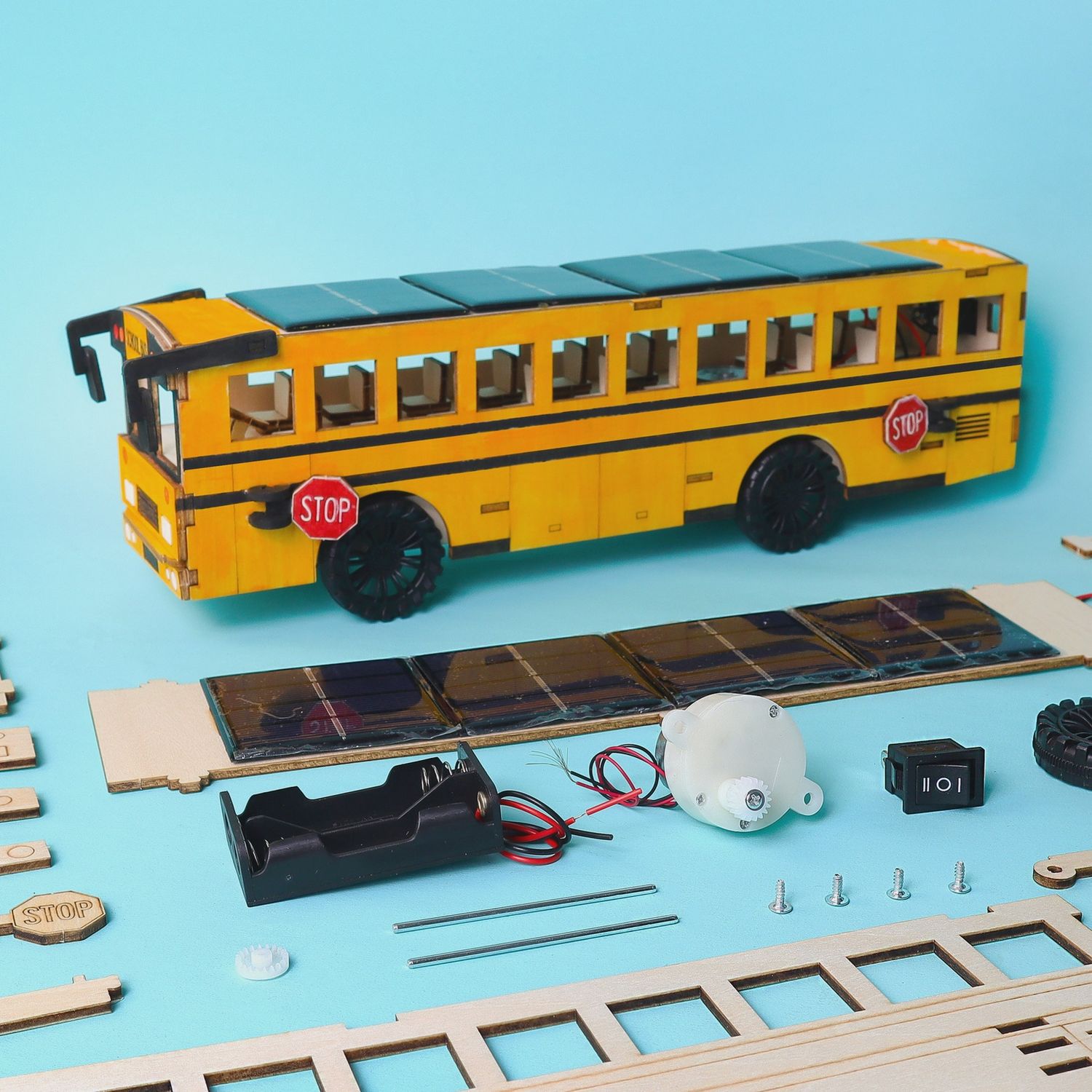 Alicorn DIY Wood STEM Kit, Solar and Battery Powered School Bus