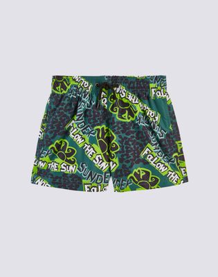 Short Swimsuit With Elastic Waist With Stone Age Print