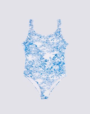 One-Piece Swimsuit With Toile De Jouy Ruffles