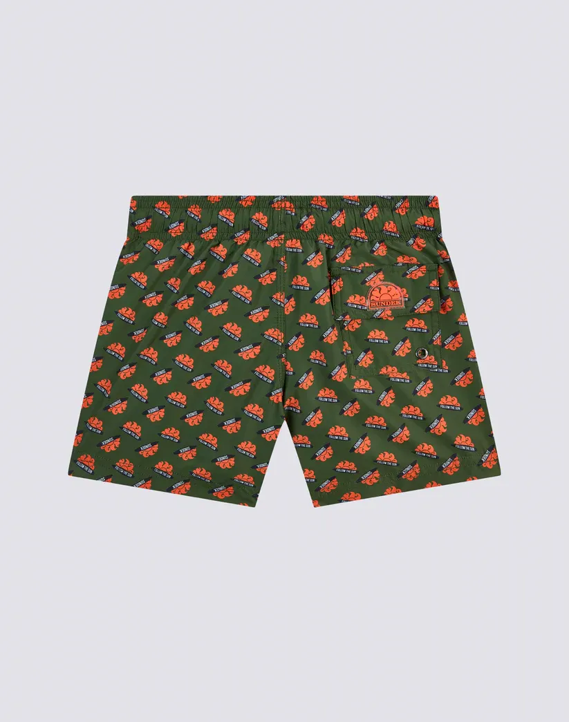 Sundek Boys Dino Short Swimshorts Elasticized Waist Orange Print Recycled Poly Logo