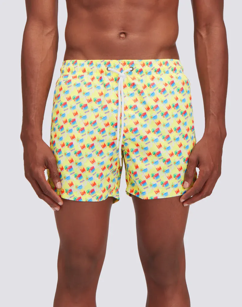 Sundek Men Acid Yellow Recycled Poly Short Swimshorts with Elastic Waist Sundrink Print