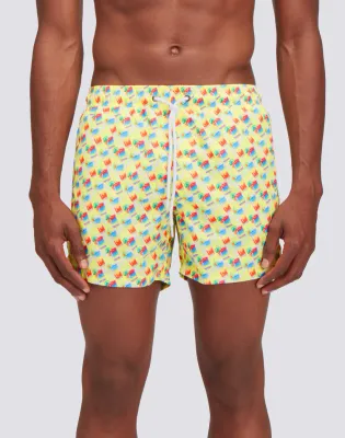 Sundek Men Acid Yellow Recycled Poly Short Swimshorts with Elastic Waist Sundrink Print