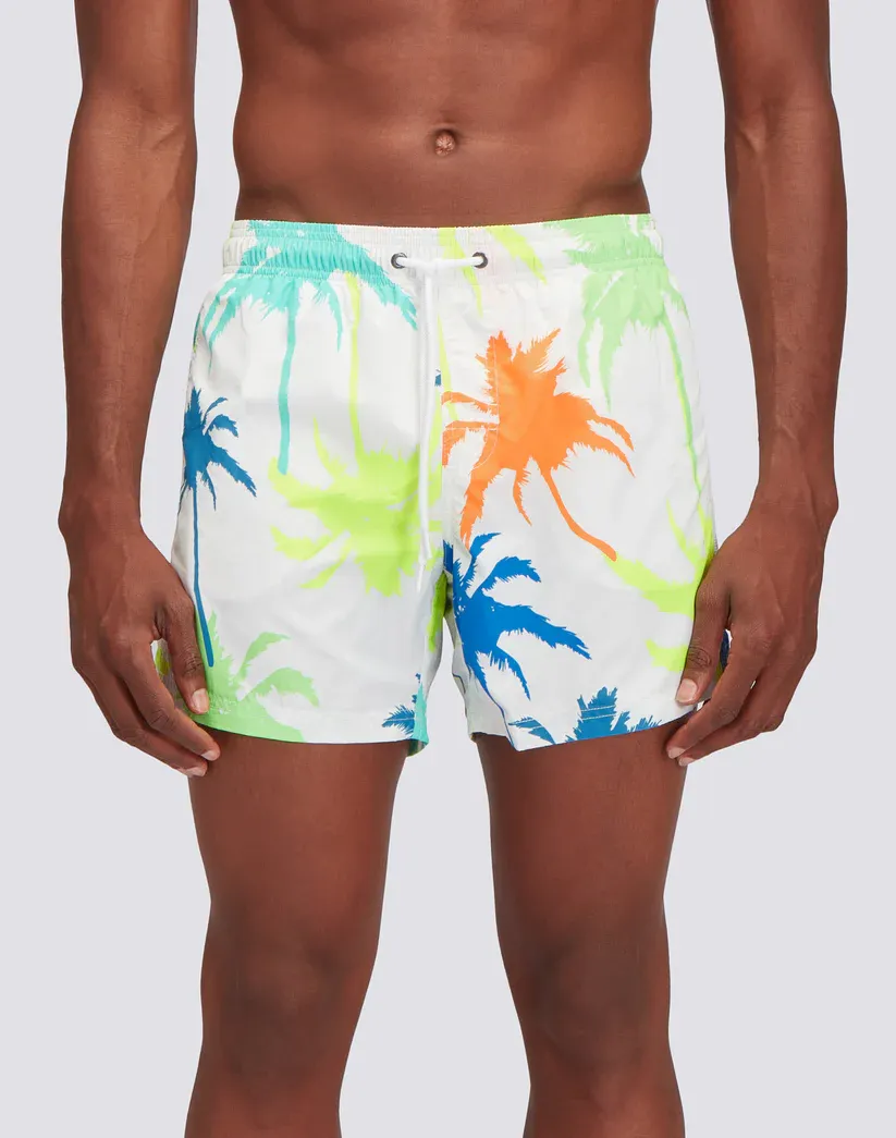 Sundek Men White Recycled Poly Short Swimshorts with Elastic Waist Multipalm Print