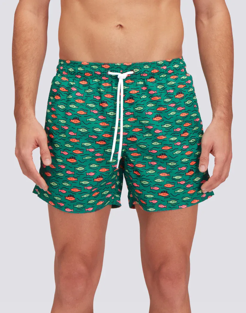 Sundek Men Crayon Recycled Poly Short Swimshorts with Elastic Waist Fishball Print