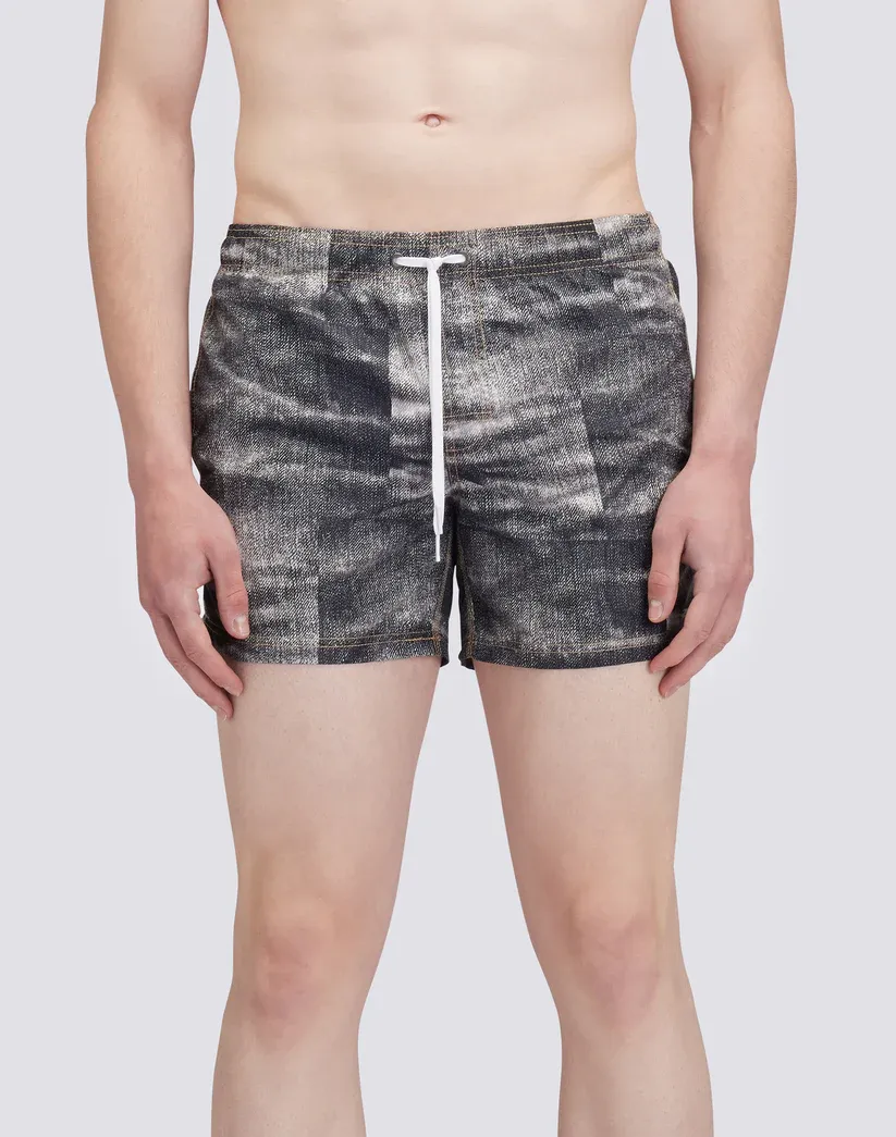 Sundek Men Light Denim Print Short Swimshorts Elastic Waist Iconic Taffeta Goldenwave