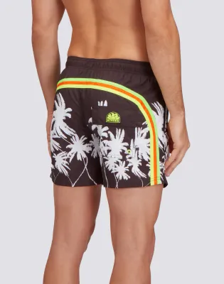 Sundek Men Black Repreve® Elasticated Waist Short Swimshorts with Black Palm Print