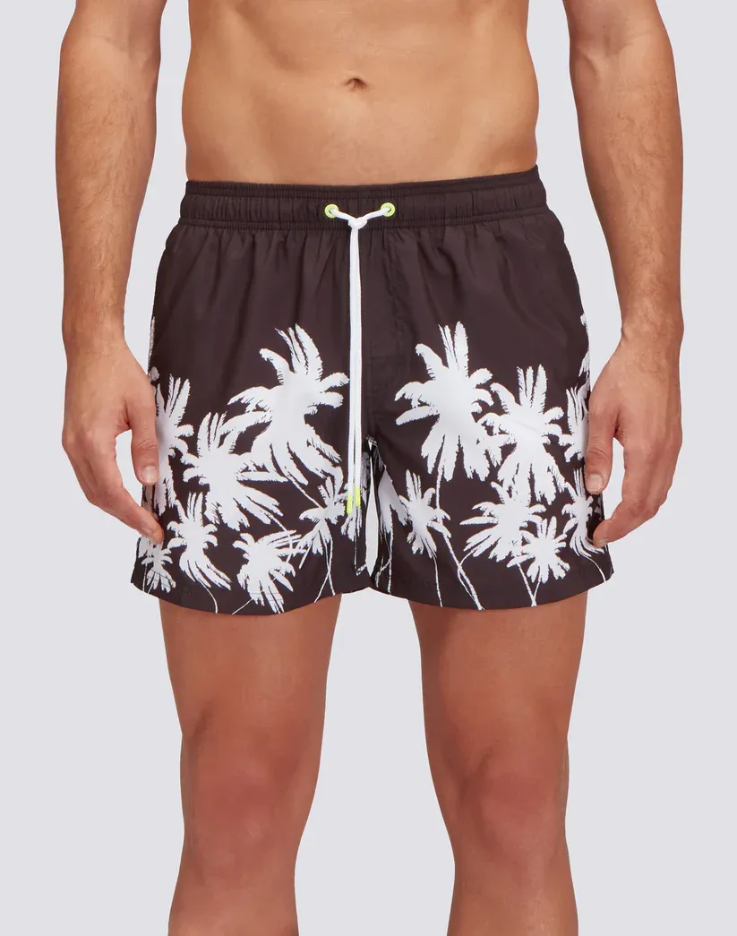 Sundek Men Black Repreve® Elasticated Waist Short Swimshorts with Black Palm Print