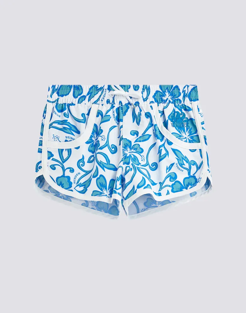 Sundek Girls White Margate Swimshorts with Hibiscus Print