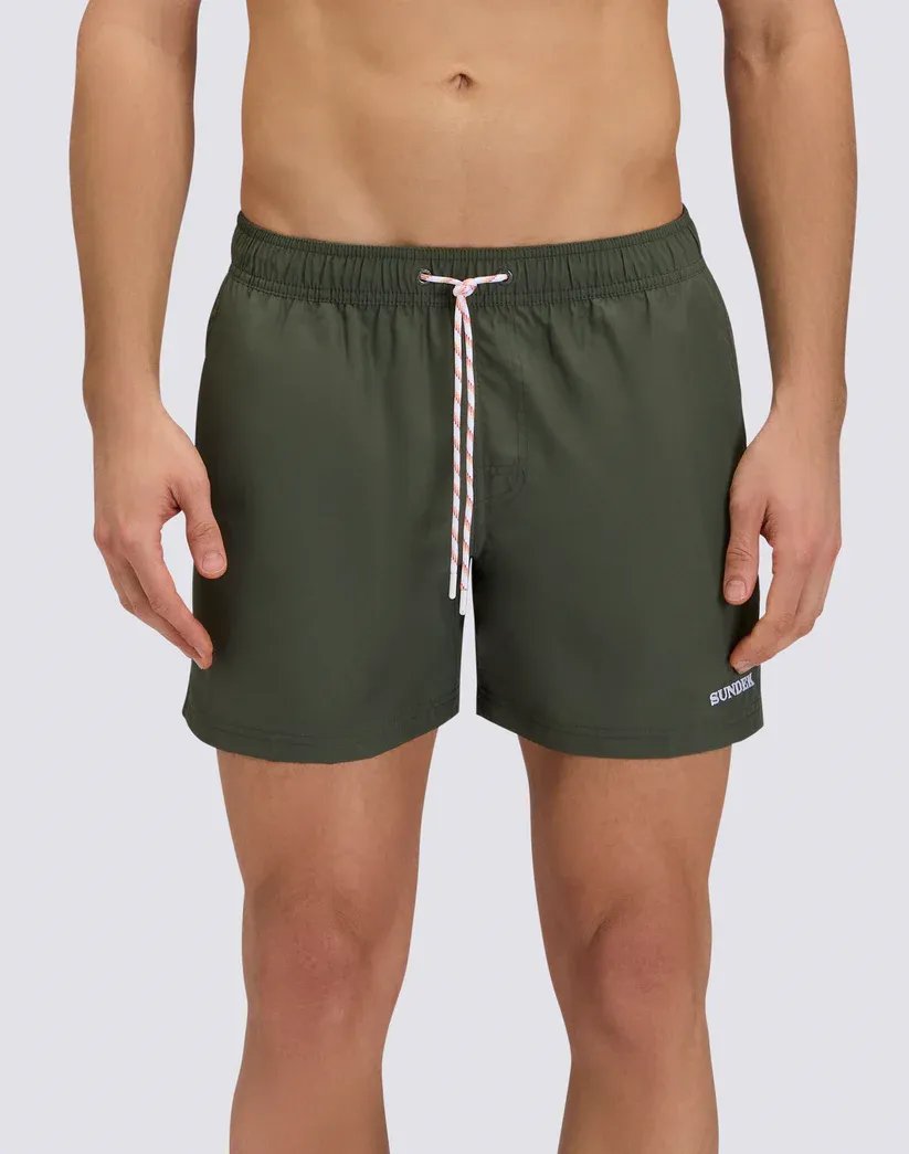 Sundek Men Dark Green Short Swimshorts with Elastic Waist in Repreve® Recycled Polyester