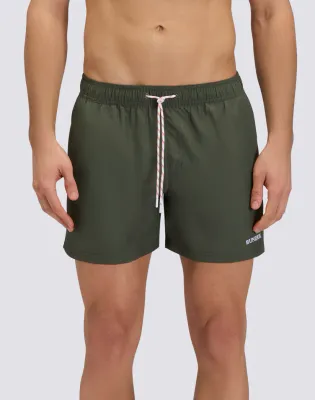 Sundek Men Dark Green Short Swimshorts with Elastic Waist in Repreve® Recycled Polyester