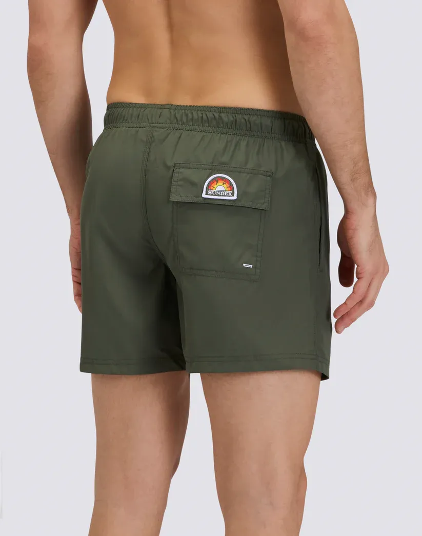 Sundek Men Dark Green Short Swimshorts with Elastic Waist in Repreve® Recycled Polyester