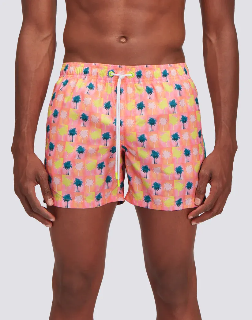 Sundek Men Quartz Pink Repreve® Elasticated Waist Short Swimshorts with Palm Collage Print