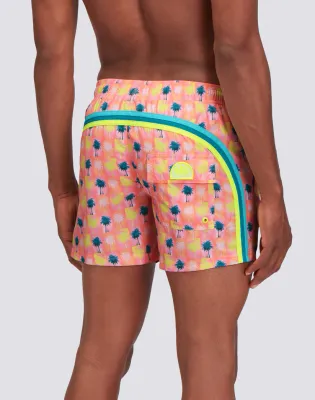 Sundek Men Quartz Pink Repreve® Elasticated Waist Short Swimshorts with Palm Collage Print