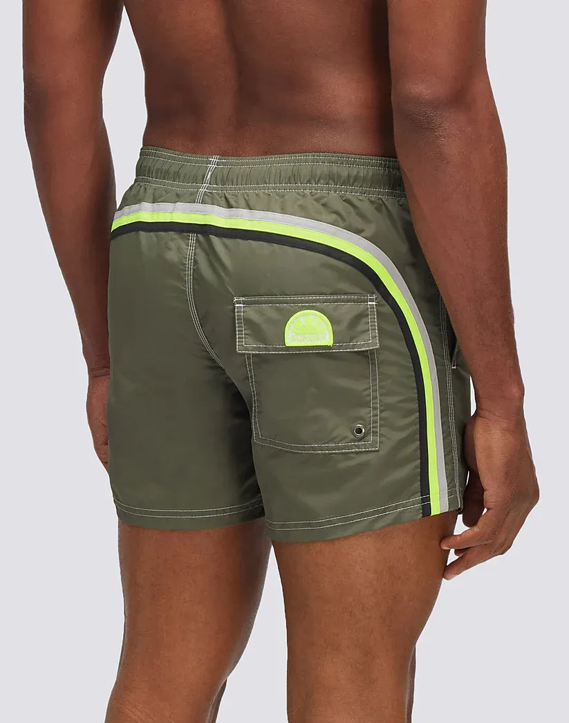 Sundek Men Dark Green Iconic Taffeta Short Swim Shorts with an Elasticated Waistband