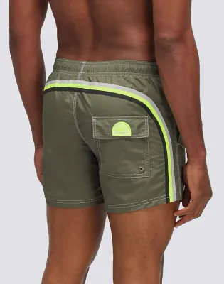 Sundek Men Dark Green Iconic Taffeta Short Swim Shorts with an Elasticated Waistband