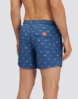 Sundek Men Navy Recycled Poly Short Swimshorts with Elastic Waist Monogram 2 Print