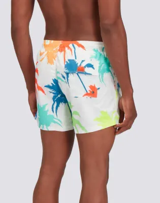 Sundek Men White Recycled Poly Short Swimshorts with Elastic Waist Multipalm Print