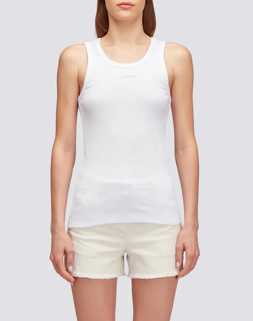 Sundek Women White Ribbed Tank Top with Embroidered Logo