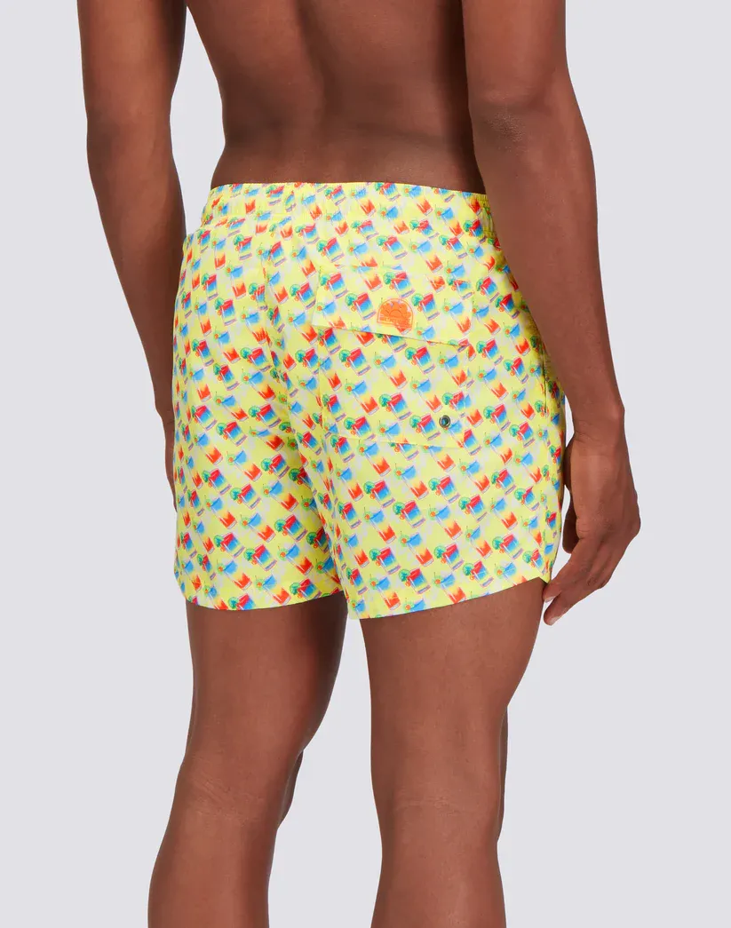 Sundek Men Acid Yellow Recycled Poly Short Swimshorts with Elastic Waist Sundrink Print