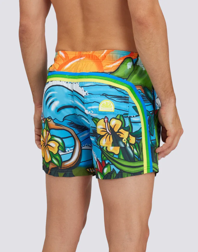 Sundek Men Dino Repreve® Elasticated Waist Short Swimshorts with Pop 2D Print