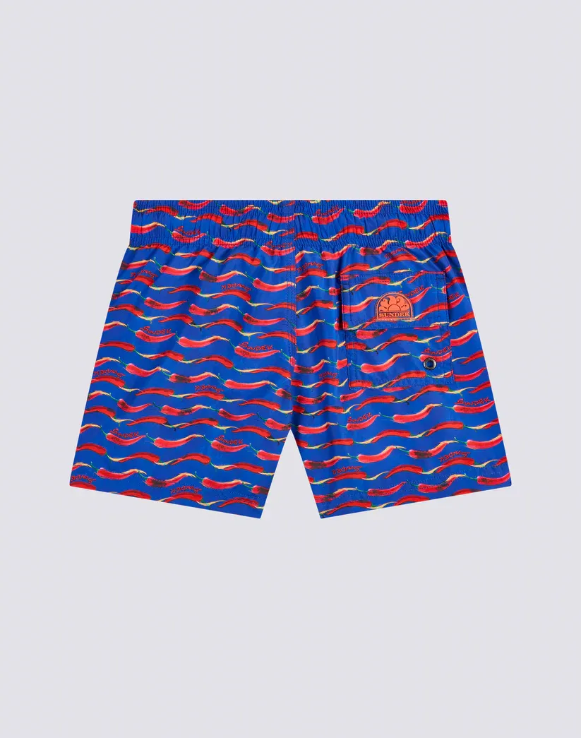 Sundek Boys Electro Blue Recycled Poly Chilino Print Short Elasticated Waist Swimshorts