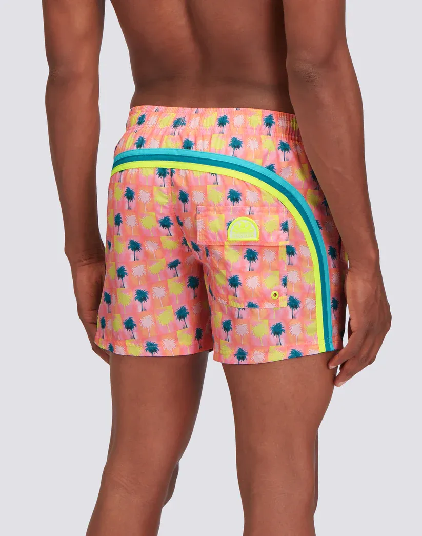 Sundek Men Quartz Pink Repreve® Elasticated Waist Short Swimshorts with Palm Collage Print