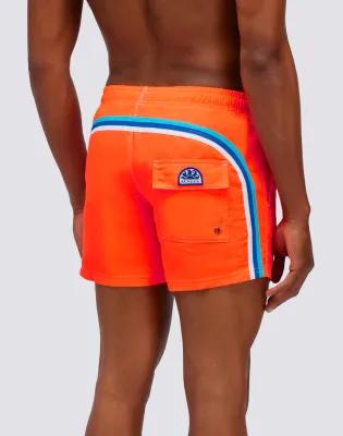 Sundek Men Fluo Orange Iconic Taffeta Short Swim Shorts with an Elasticated Waistband