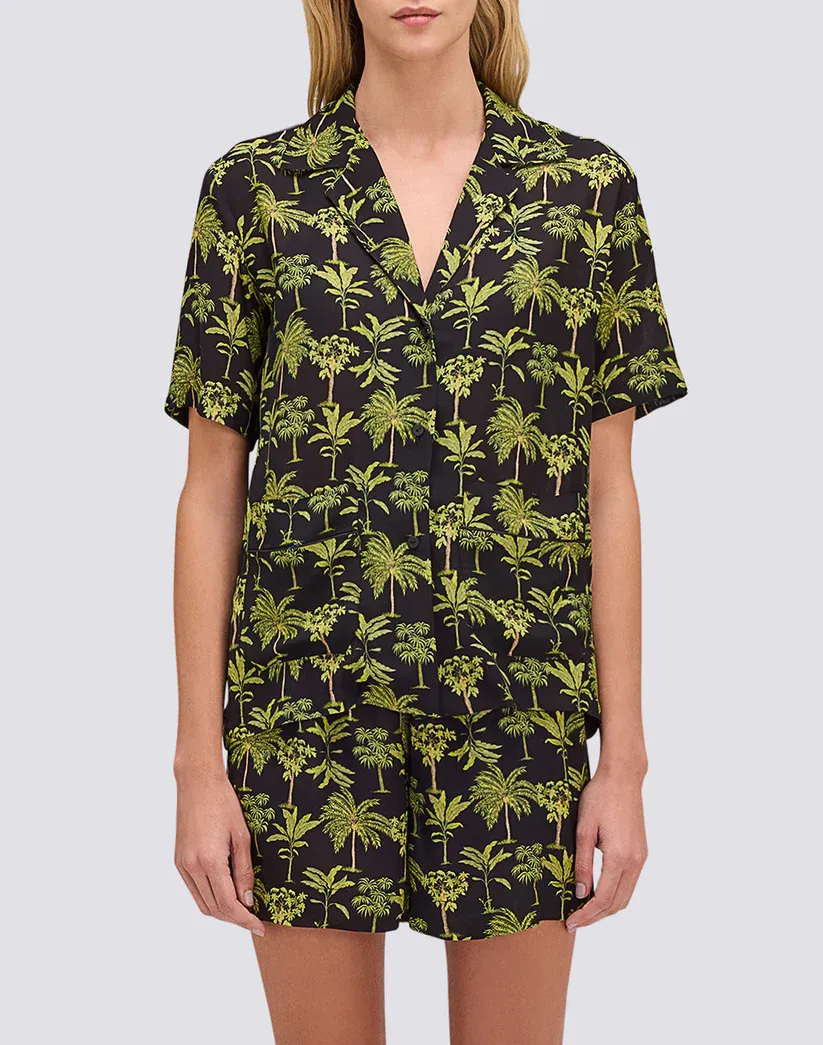 SUNDEK WOMEN'S BOWLING-STYLE SHIRT WITH BOTANIC PRINT - BLACK