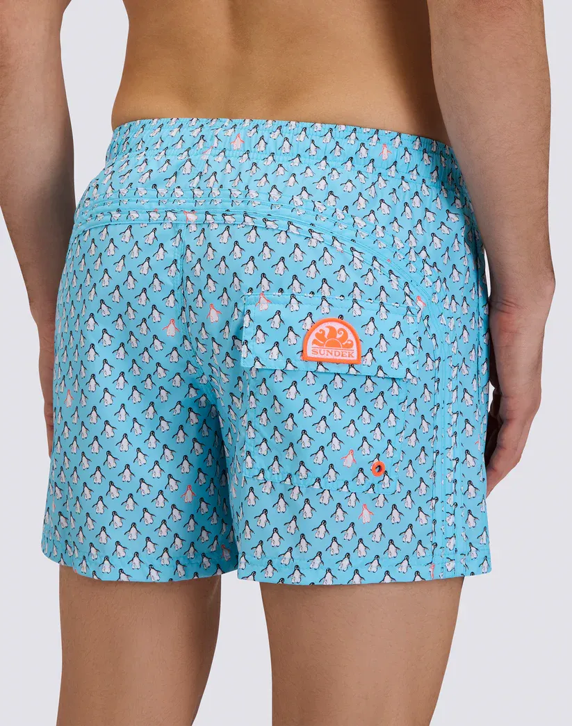 SUNDEK MEN REPREVE® ELASTICATED WAIST SHORT SWIMSHORTS WITH PENGUINS PRINT - LUNAR