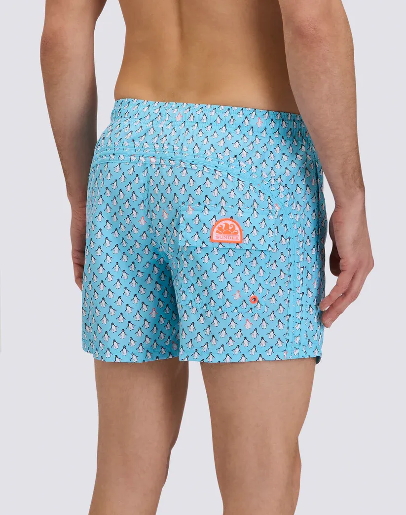 SUNDEK MEN REPREVE® ELASTICATED WAIST SHORT SWIMSHORTS WITH PENGUINS PRINT - LUNAR