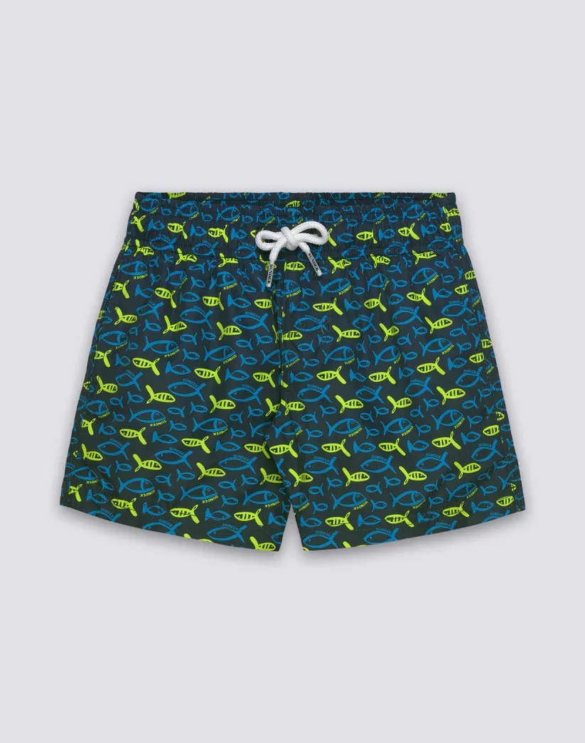 SUNDEK BOYS SHORT SWIMSHORTS WITH ELASTIC WAIST AND RECYCLED POLY ESTER FISHAZ PRINT - NAVY