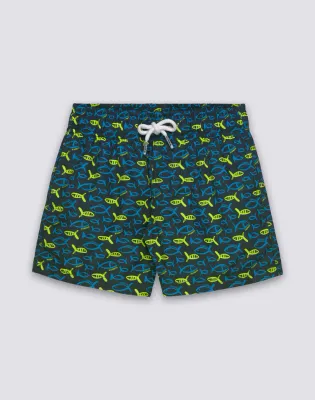SUNDEK BOYS SHORT SWIMSHORTS WITH ELASTIC WAIST AND RECYCLED POLY ESTER FISHAZ PRINT - NAVY