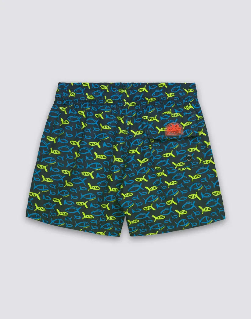 SUNDEK BOYS SHORT SWIMSHORTS WITH ELASTIC WAIST AND RECYCLED POLY ESTER FISHAZ PRINT - NAVY