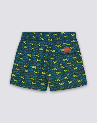 SUNDEK BOYS SHORT SWIMSHORTS WITH ELASTIC WAIST AND RECYCLED POLY ESTER FISHAZ PRINT - NAVY